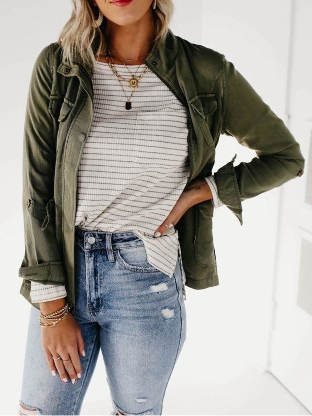 Mod Boutique Black Label Olive Green Lightweight Utility Jacket Draw String